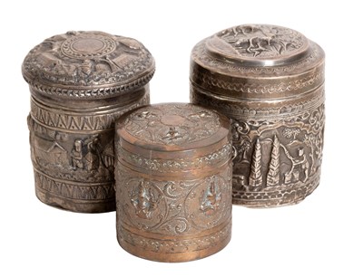Lot 15 - A Burmese White Metal Cylindrical Box and...