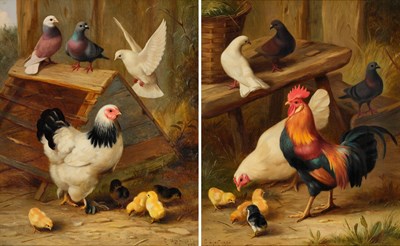 Lot 1053 - Edgar Hunt (1876-1953) Cockerel, hen, chicks...
