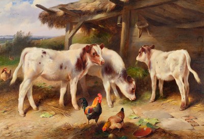 Lot 1054 - Walter Hunt (1861-1941) Calves feeding beside...