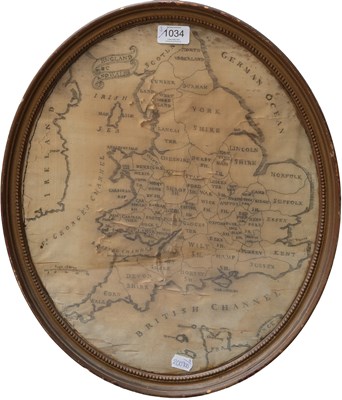 Lot 1034 - Oval Map Sampler worked on cream silk of...