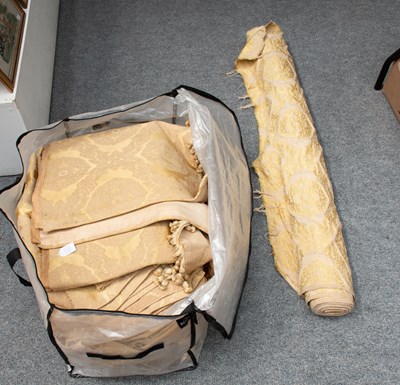 Lot 1002 - Early 20th Yellow Brocade Curtains and Pelmet,...
