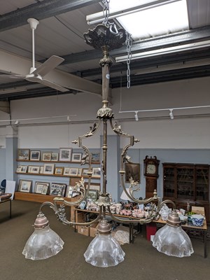 Lot 1410 - A Brass Three-Light Ceiling Light, with...