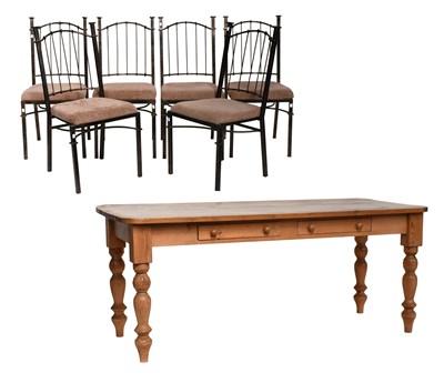 Lot 1213 - A Pine Kitchen Table together with six wrought...