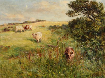Lot 1034 - Robert Jobling (1841-1923) Cattle grazing in a...
