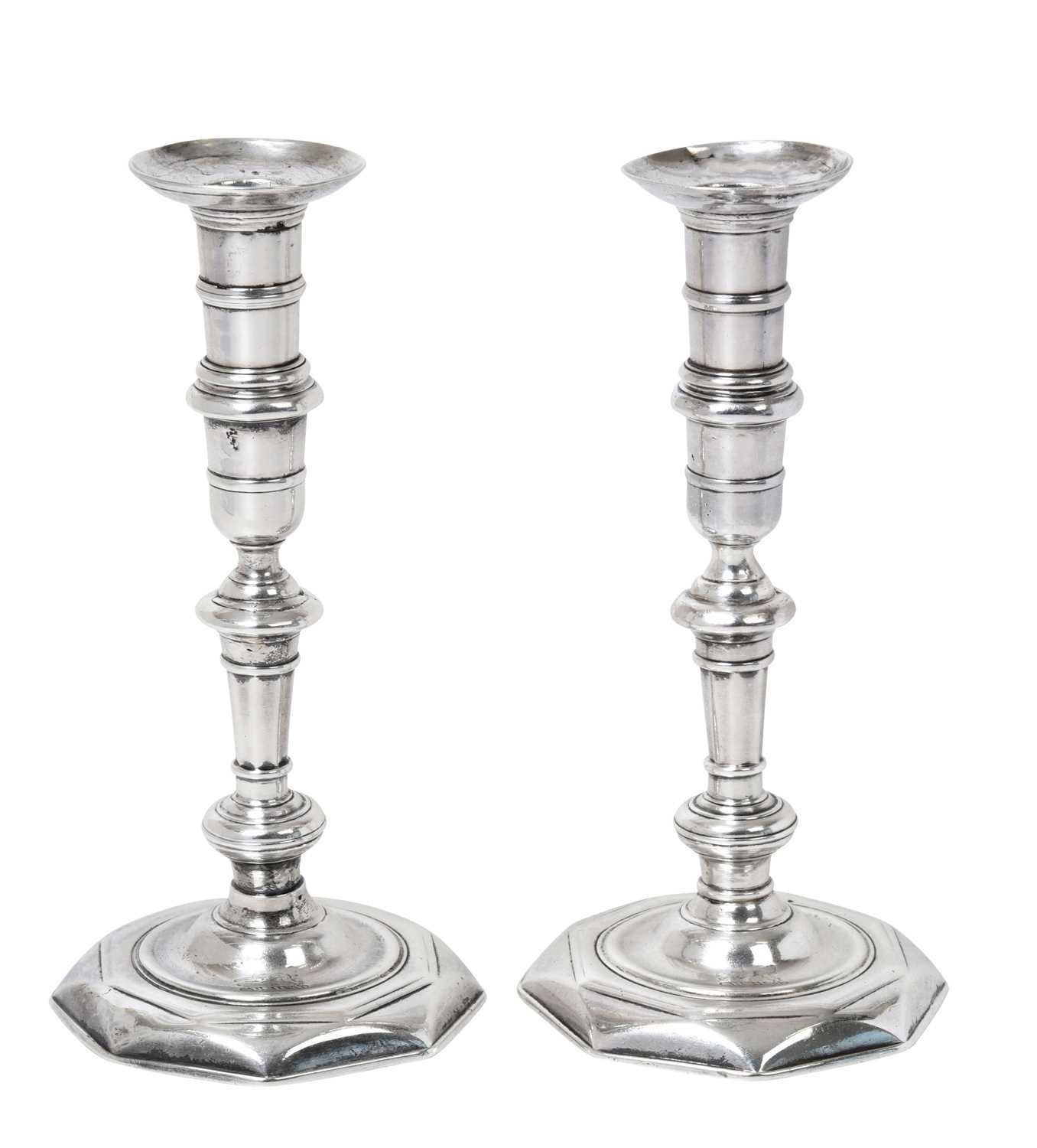 A Pair of George II Irish Silver Candlesticks With an Associated Pair of Irish Silver Nozzles,