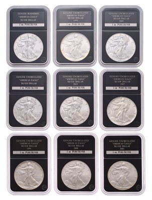 Lot 329 - USA, Nine 1oz Fine Silver Eagles, one dollar...