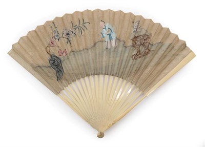 Lot 2008 - A Mid-18th Century Ivory Fan with plain monture, the double paper leaf painted in the...