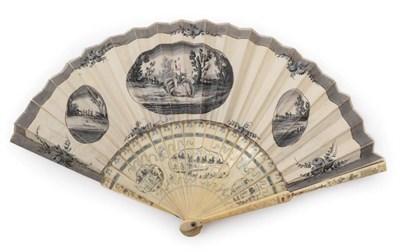 Lot 2014 - A Mourning Fan, the monture of ivory, circa 1760, unusually decorated in delicate drawings in...