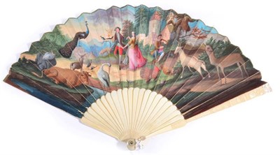 Lot 2036 - A Fine and Unusual Ivory Fan, circa 1730, the guards carved with a figure in Turkish dress, a shell