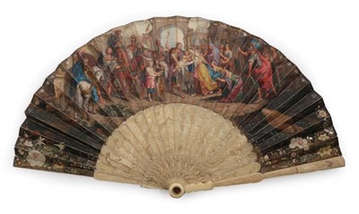 Lot 2040 - A Fine and Rare Mid-18th Century Ivory Fan, the monture carved and pierced, the gorge with detailed