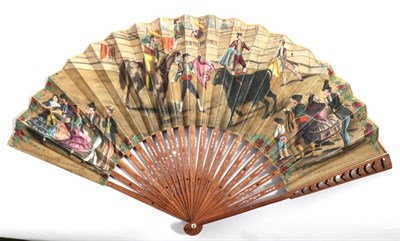Lot 2064 - A 19th Century Wood Fan, the monture carved and pierced and clouté in silver, the upper guards...