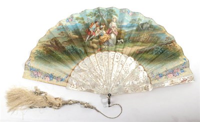 Lot 2101 - A Circa 1850's White Mother-of-Pearl Fan, the monture elaborately carved and pierced, with a figure