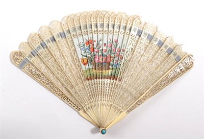 Lot 2109 - Circa 1830, A Four-Way Brisé Fan, the ivory sticks carved and pierced in bands of differing...