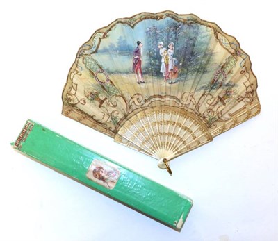 Lot 2163 - A Circa 1900 Fan of Fontange Form, the sticks most likely of bone, carved, pierced, shaped and...