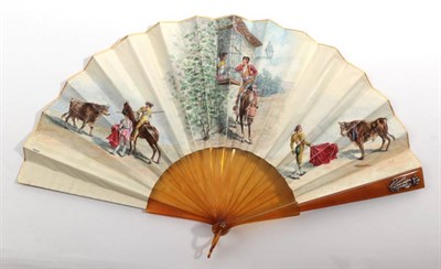 Lot 2168 - A Blonde Tortoiseshell Fan, circa 1900, the upper guard applied with diamond initials ML, beneath a