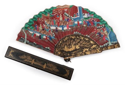 Lot 2187 - A Late 19th Century Asymmetrical Chinese Mandarin Fan, with fitted black lacquer box, the...