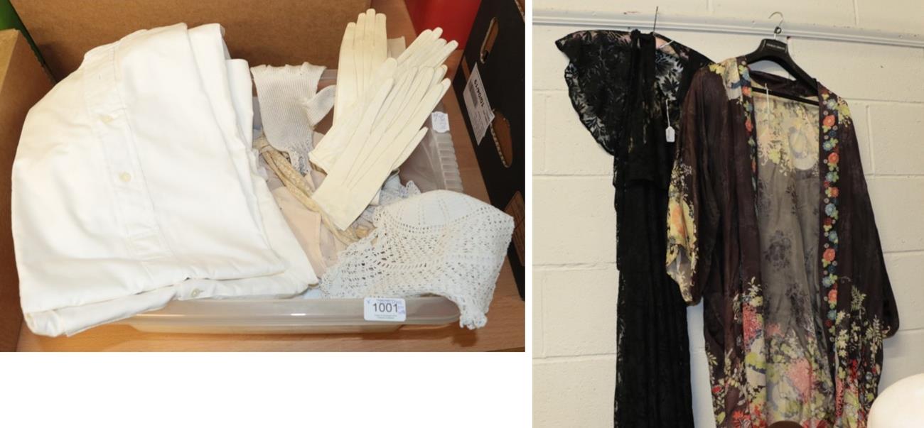 Lot 1001 - Circa 1930s black lace dress, sleeveless with tiered full length skirt and matching lace shawl,...