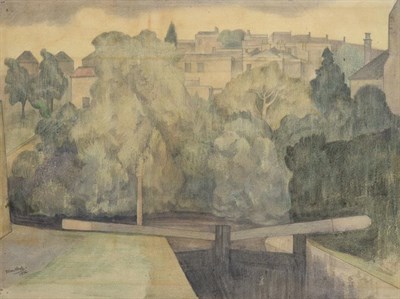 Lot 1031 - John Northcote Nash CBE, RA (1893-1977)  Canal lock before a town Signed and dated 1926, mixed...