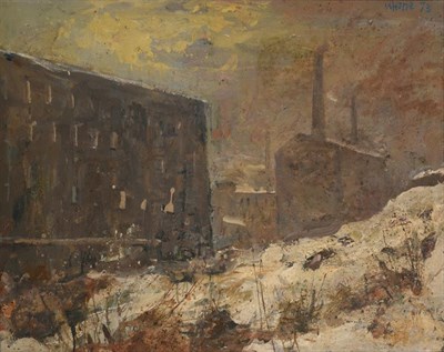 Lot 1074 - Herbert Whone (b.1925) Scottish Factories in the snow Signed and dated (19)73, oil on board,...