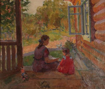 Lot 1097 - Attributed to Josif Michajlovic Gurvic (1907-1992) Russian ''Morning at the Dacha'' Signed and...