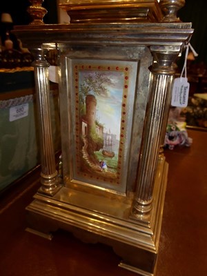 Lot 408 - <> A Brass and Porcelain Mounted Striking Mantel Clock, circa 1890, caddy pediment with four turned