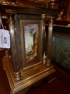 Lot 408 - <> A Brass and Porcelain Mounted Striking Mantel Clock, circa 1890, caddy pediment with four turned